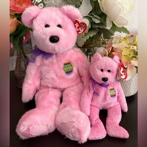 🆕🌷 RETIRED TY BEANIE BUDDIE & BEANIE BABY SET OF 2 “EGGS” MATCHING BEARS! MWMT!
